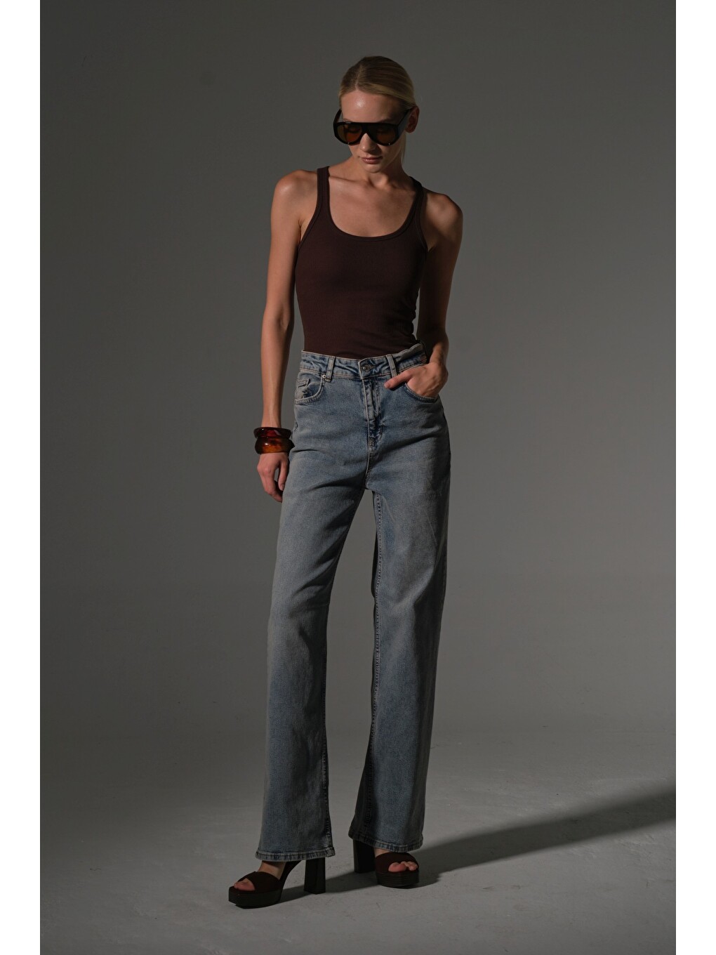İndigo üksek Bel, Esnek Denim Kumaş Geniş Paça Palazzo Kadın Jean Jean Pantolon @Cesena