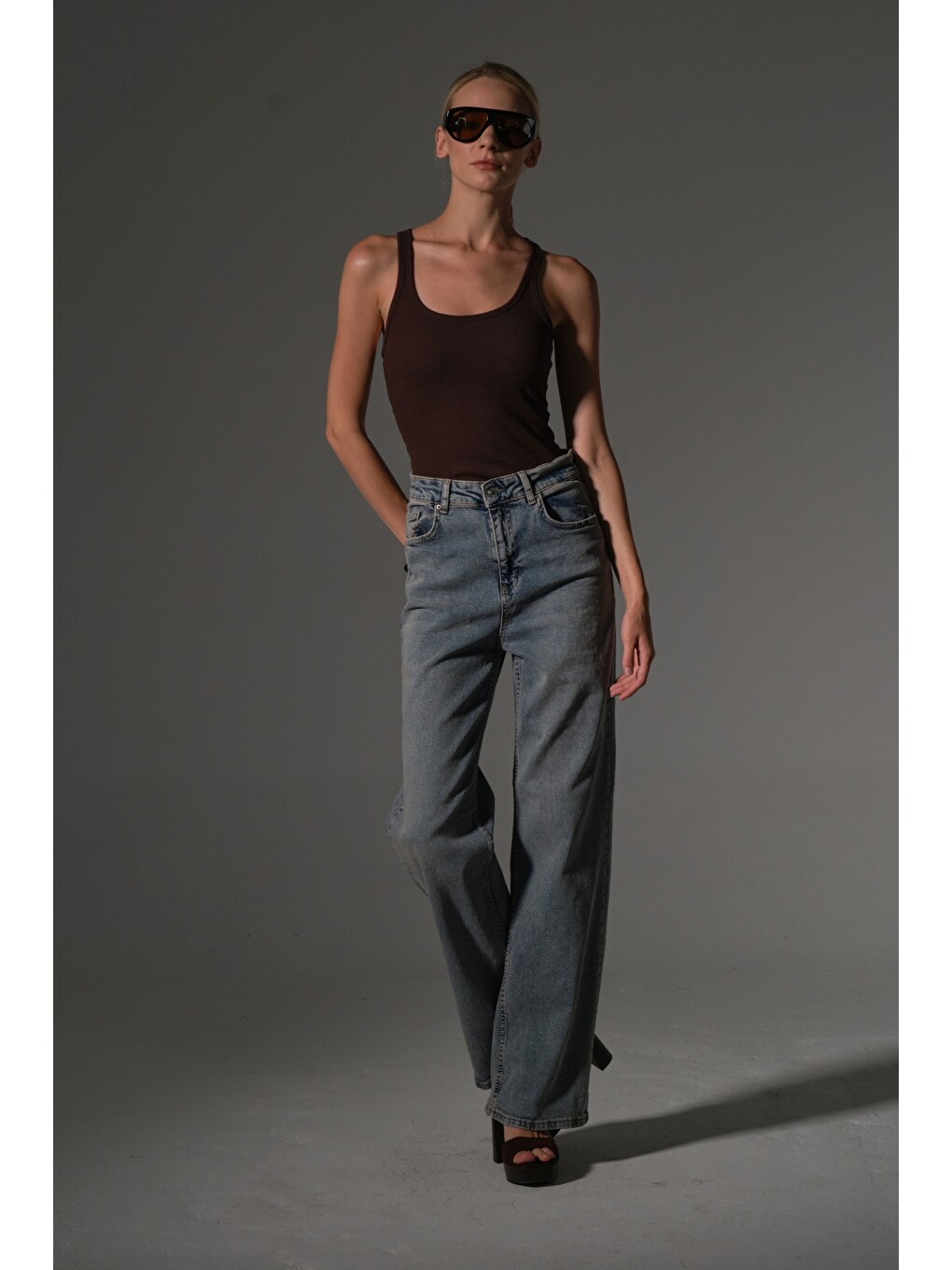 İndigo üksek Bel, Esnek Denim Kumaş Geniş Paça Palazzo Kadın Jean Jean Pantolon @Cesena-1