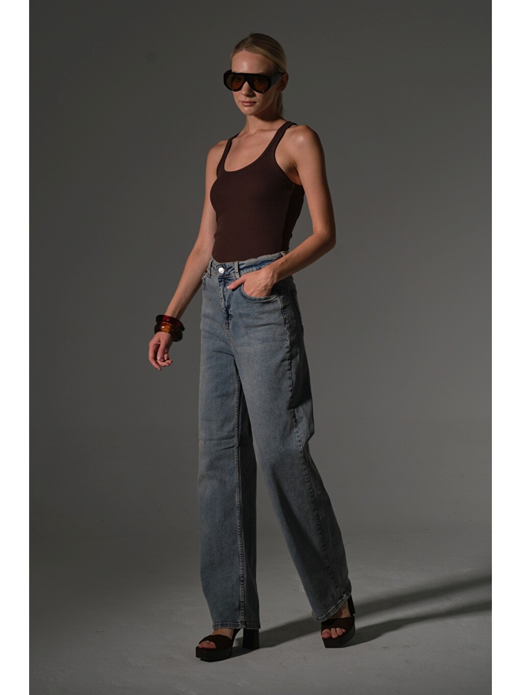 İndigo üksek Bel, Esnek Denim Kumaş Geniş Paça Palazzo Kadın Jean Jean Pantolon @Cesena-2