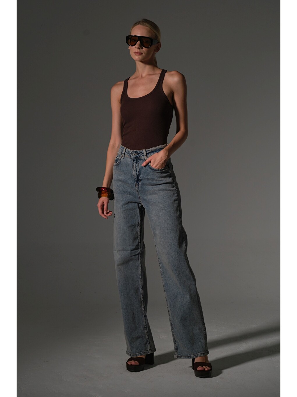 İndigo üksek Bel, Esnek Denim Kumaş Geniş Paça Palazzo Kadın Jean Jean Pantolon @Cesena-3