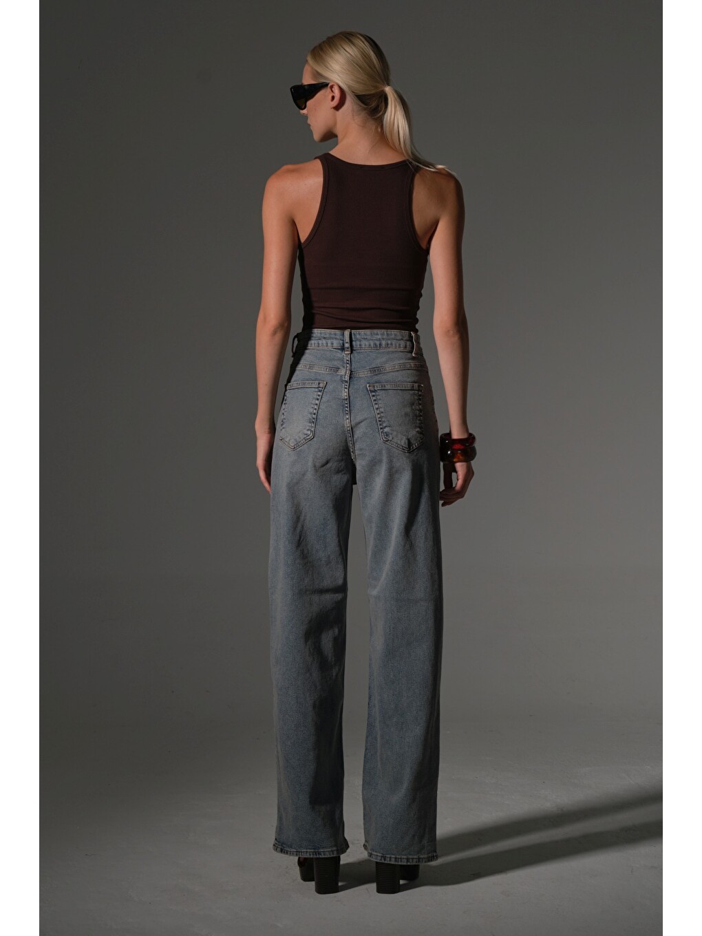 İndigo üksek Bel, Esnek Denim Kumaş Geniş Paça Palazzo Kadın Jean Jean Pantolon @Cesena-4