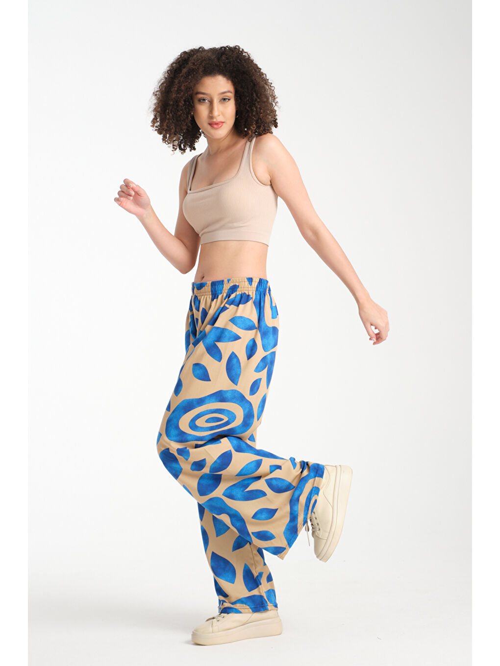 Mavi Kadın Desenli Dökümlü Viskon Pantolon 1076-1