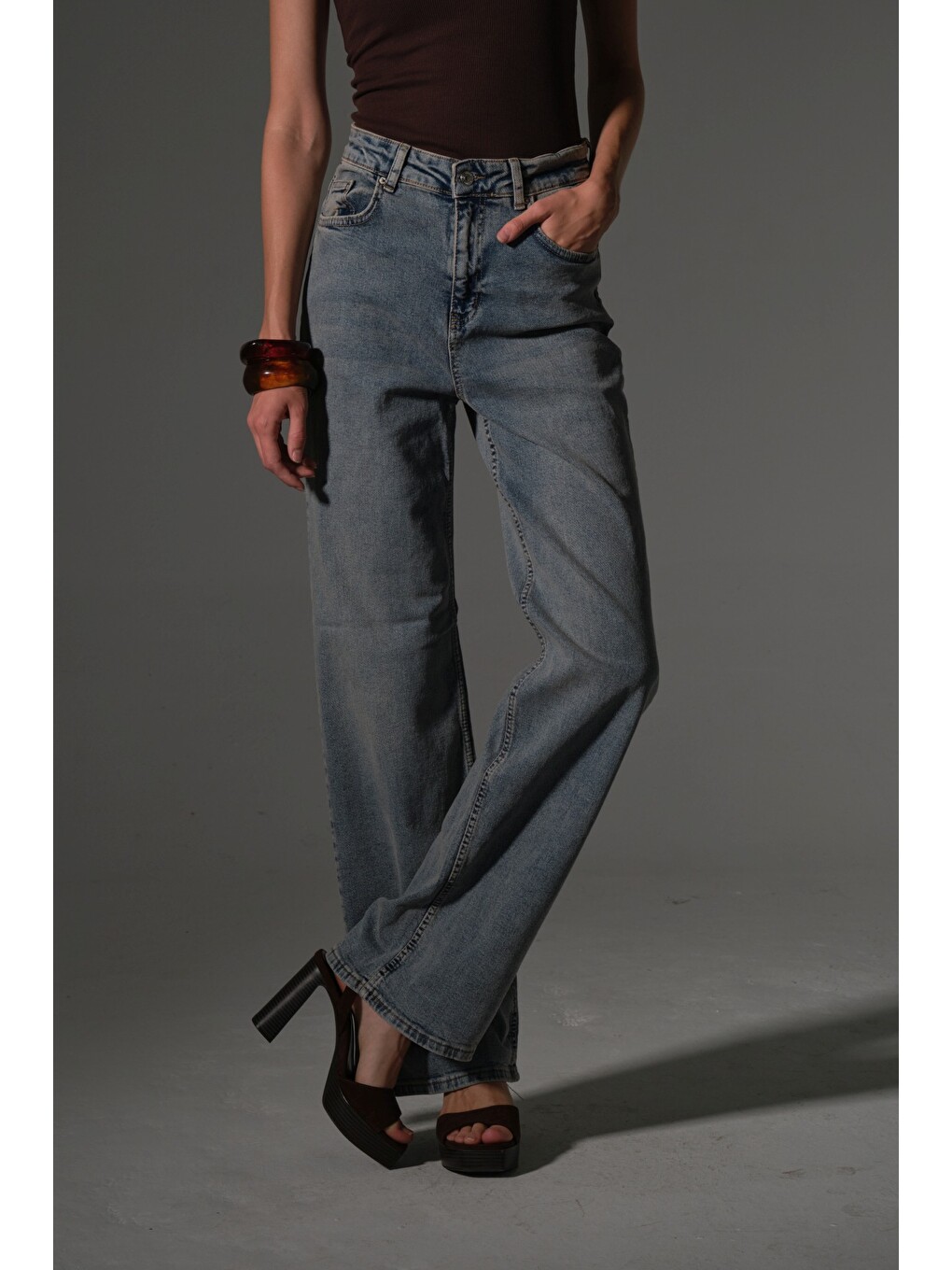 İndigo üksek Bel, Esnek Denim Kumaş Geniş Paça Palazzo Kadın Jean Jean Pantolon @Cesena-5
