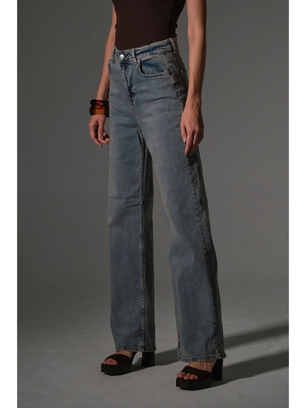 İndigo üksek Bel, Esnek Denim Kumaş Geniş Paça Palazzo Kadın Jean Jean Pantolon @Cesena-6
