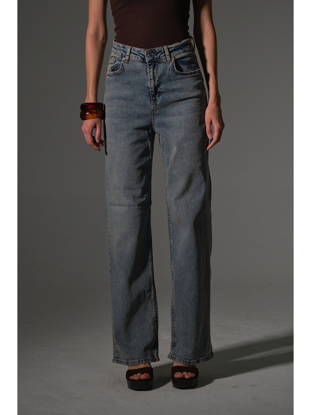 İndigo üksek Bel, Esnek Denim Kumaş Geniş Paça Palazzo Kadın Jean Jean Pantolon @Cesena-7