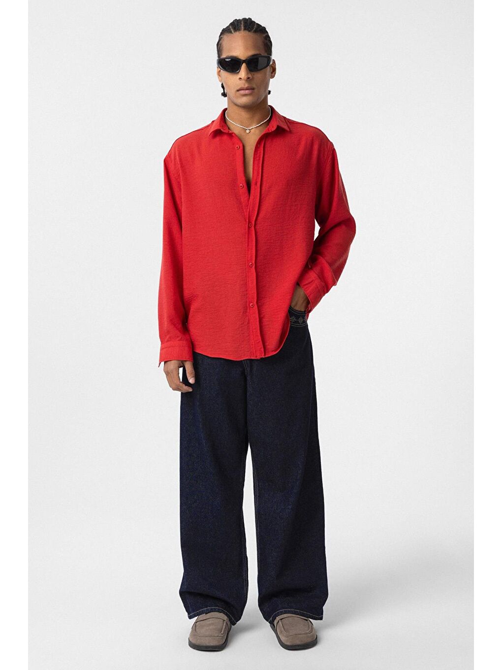 Basic Oversize Uzun Kol Keten Görünümlü Gömlek Kırmızı