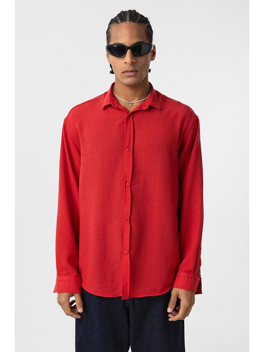 Basic Oversize Uzun Kol Keten Görünümlü Gömlek Kırmızı-1