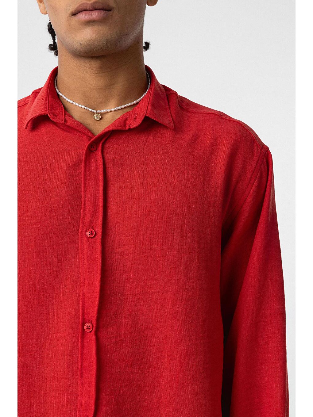 Basic Oversize Uzun Kol Keten Görünümlü Gömlek Kırmızı-4