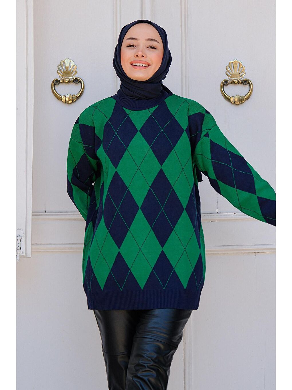 Baklava Desen Triko Kazak Zümrüt Yeşil-4