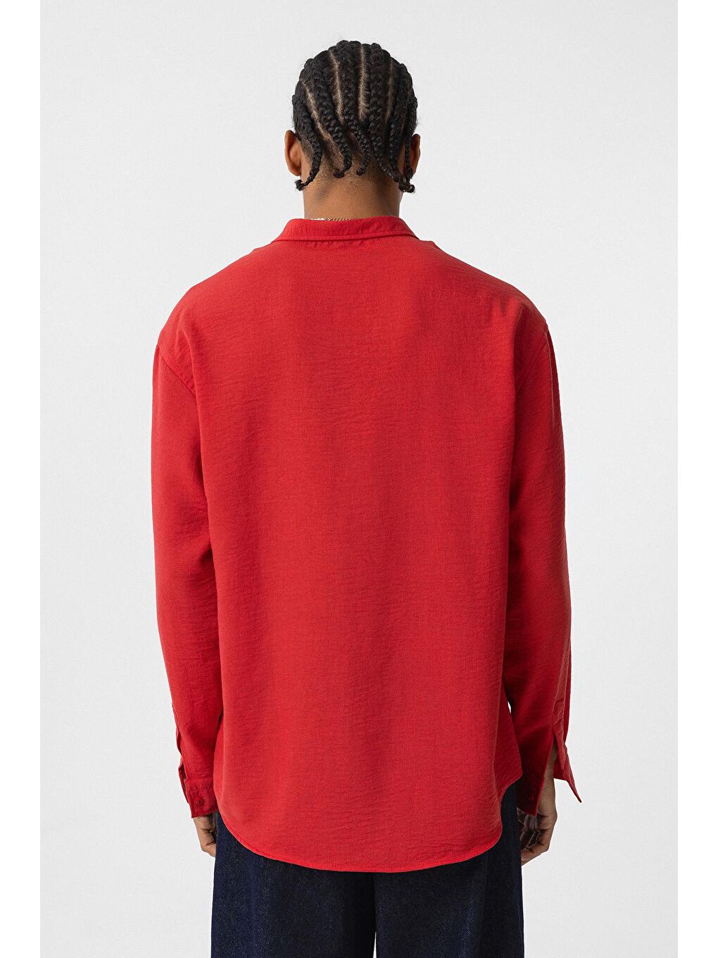 Basic Oversize Uzun Kol Keten Görünümlü Gömlek Kırmızı-5