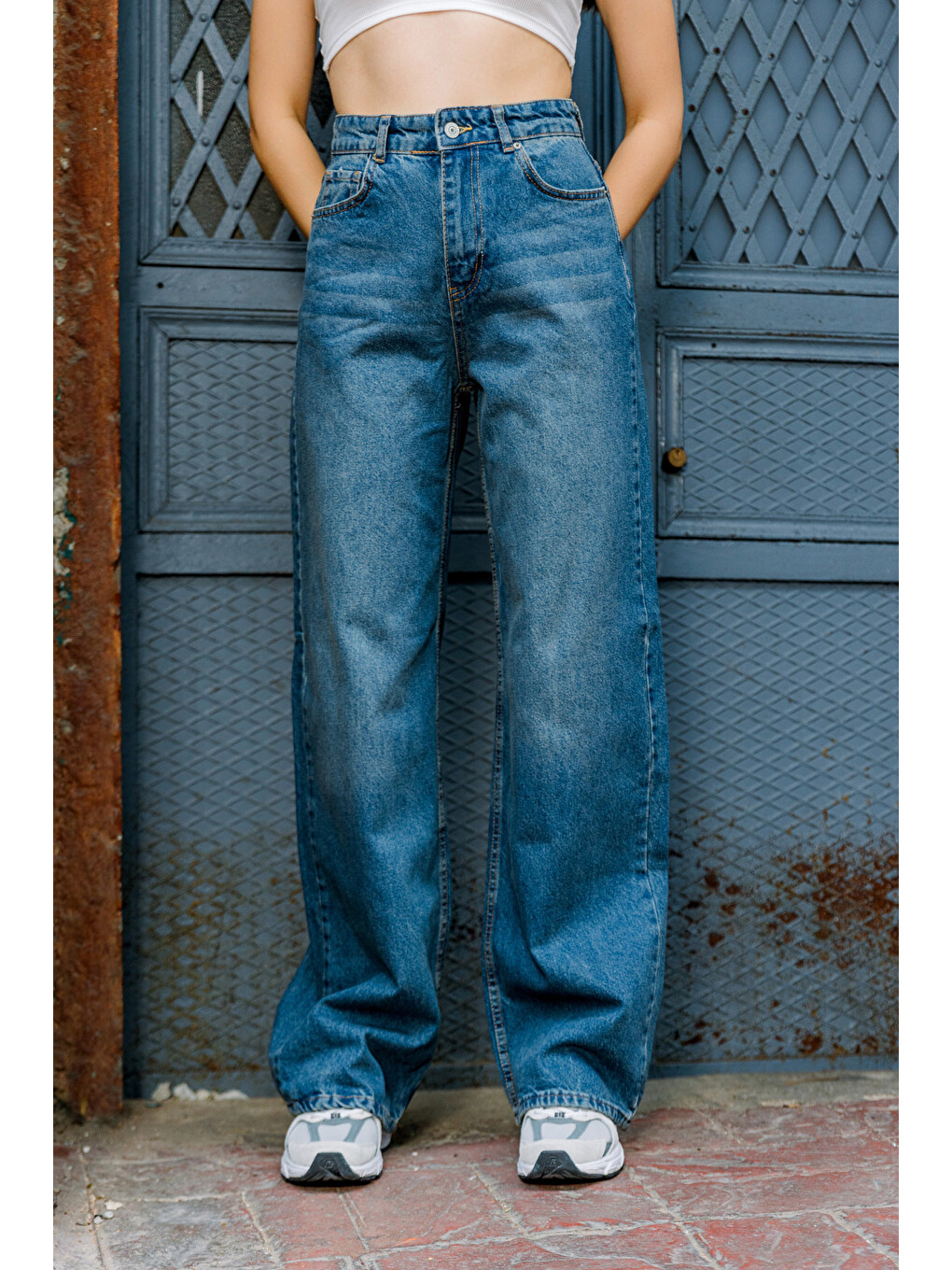 Mavi Yüksek Bel, Geniş Paça Denim Geniş Paça Palazzo Kadın Jean Jean Pantolon @asti-1