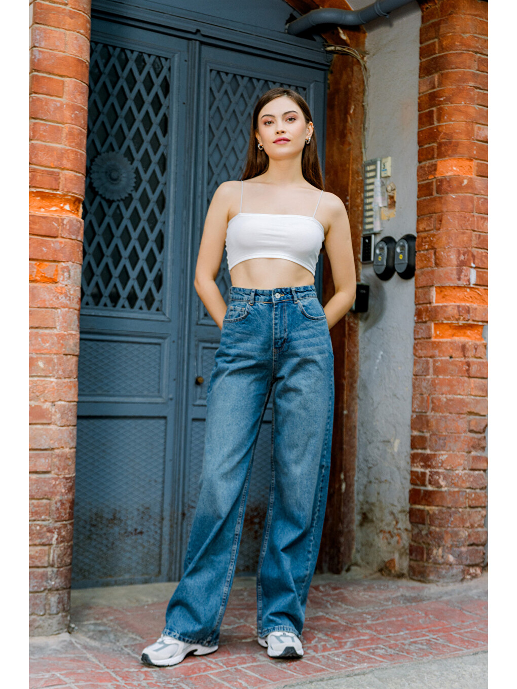 Mavi Yüksek Bel, Geniş Paça Denim Geniş Paça Palazzo Kadın Jean Jean Pantolon @asti-2