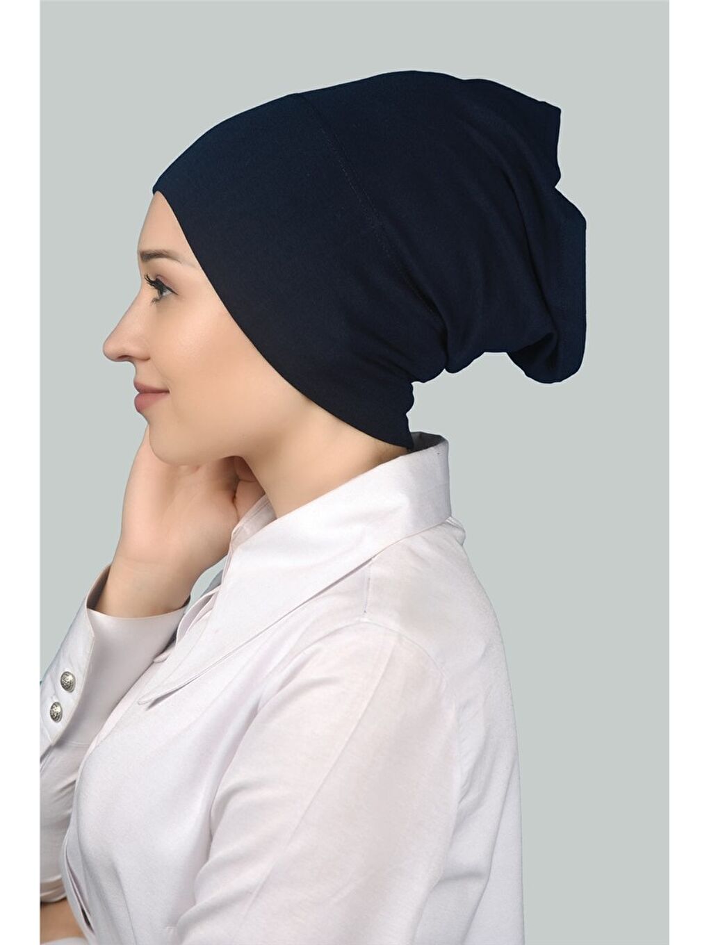 Lacivert Hazır Pratik Geçmeli Uzun Boru Tesettür Bonesi-2