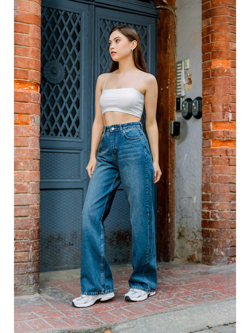 Mavi Yüksek Bel, Geniş Paça Denim Geniş Paça Palazzo Kadın Jean Jean Pantolon @asti-3