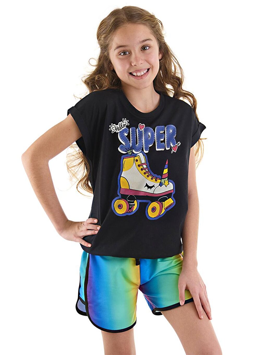 MSHB&G Siyah Unicorn Paten Kız Çocuk T-shirt Şort Takım