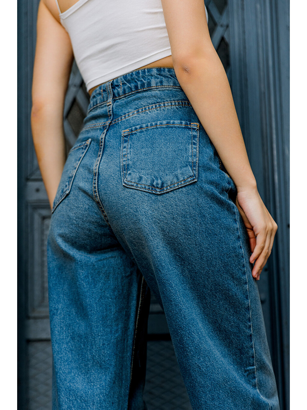 Mavi Yüksek Bel, Geniş Paça Denim Geniş Paça Palazzo Kadın Jean Jean Pantolon @asti-4
