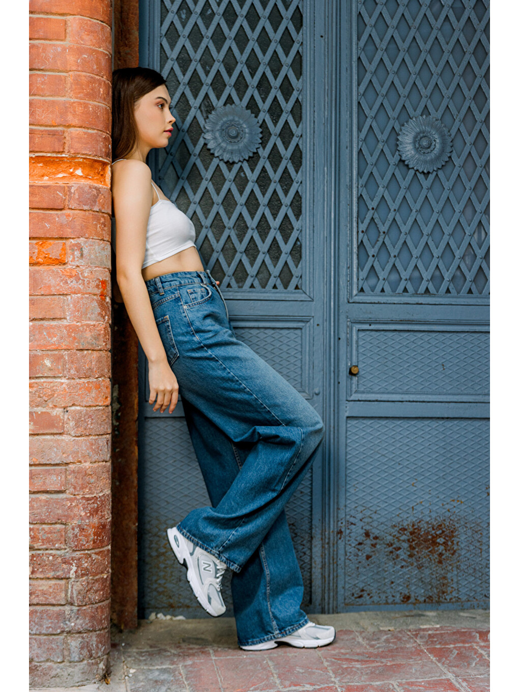 Mavi Yüksek Bel, Geniş Paça Denim Geniş Paça Palazzo Kadın Jean Jean Pantolon @asti-5