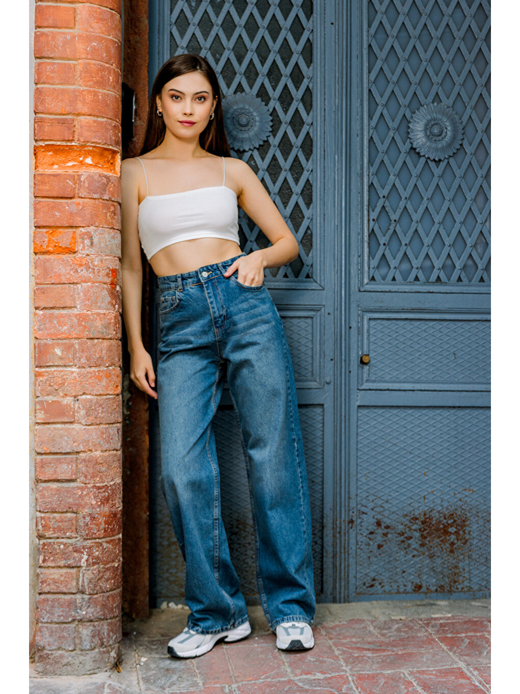 Mavi Yüksek Bel, Geniş Paça Denim Geniş Paça Palazzo Kadın Jean Jean Pantolon @asti-6