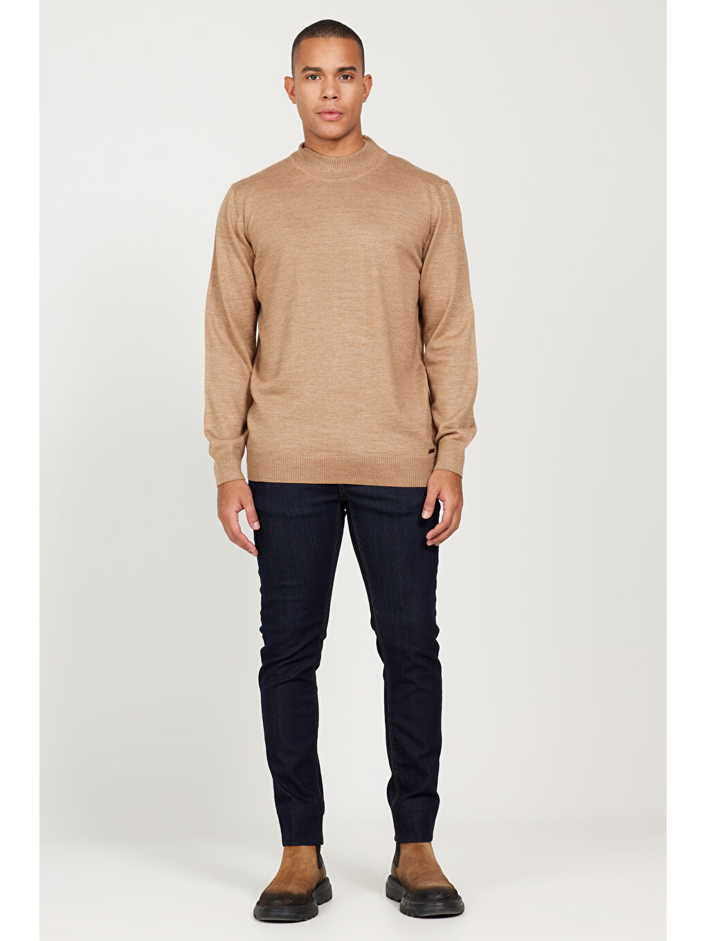 Bej Erkek Vizon Standart Fit Normal Kesim Yarım Balıkçı Yaka Triko Kazak-1