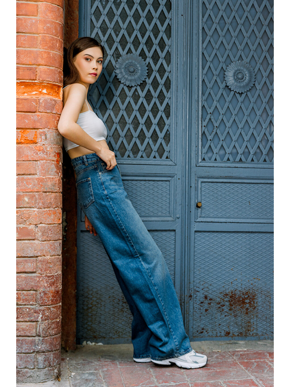 Mavi Yüksek Bel, Geniş Paça Denim Geniş Paça Palazzo Kadın Jean Jean Pantolon @asti-7