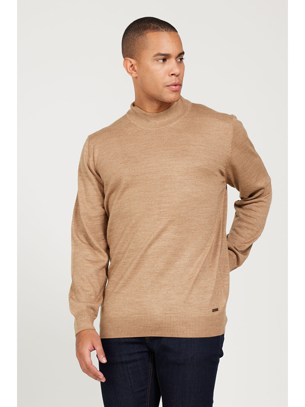 Bej Erkek Vizon Standart Fit Normal Kesim Yarım Balıkçı Yaka Triko Kazak-2