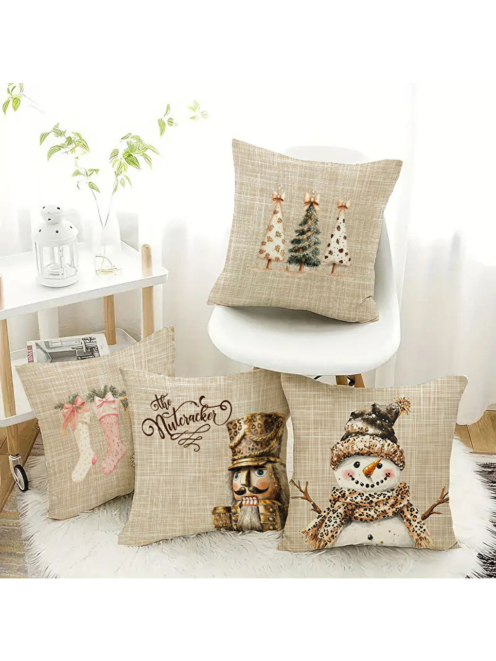 Karışık 4'lü Yılbaşı Desenli Kadife Kırlent Kılıfı Seti – Çift Taraf Baskılı 43x43 cm