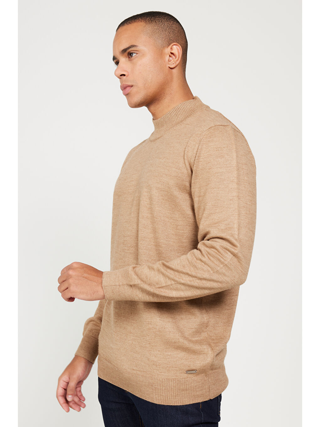 Bej Erkek Vizon Standart Fit Normal Kesim Yarım Balıkçı Yaka Triko Kazak-3