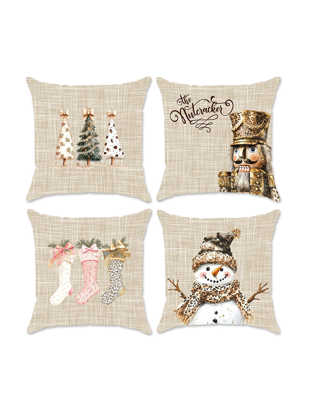 Karışık 4'lü Yılbaşı Desenli Kadife Kırlent Kılıfı Seti – Çift Taraf Baskılı 43x43 cm-1