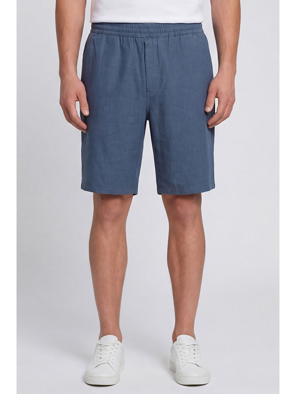 Erkek Lacivert Normal Kesim Regular Fit %100 Keten Lastikli Bel Bermuda Şort