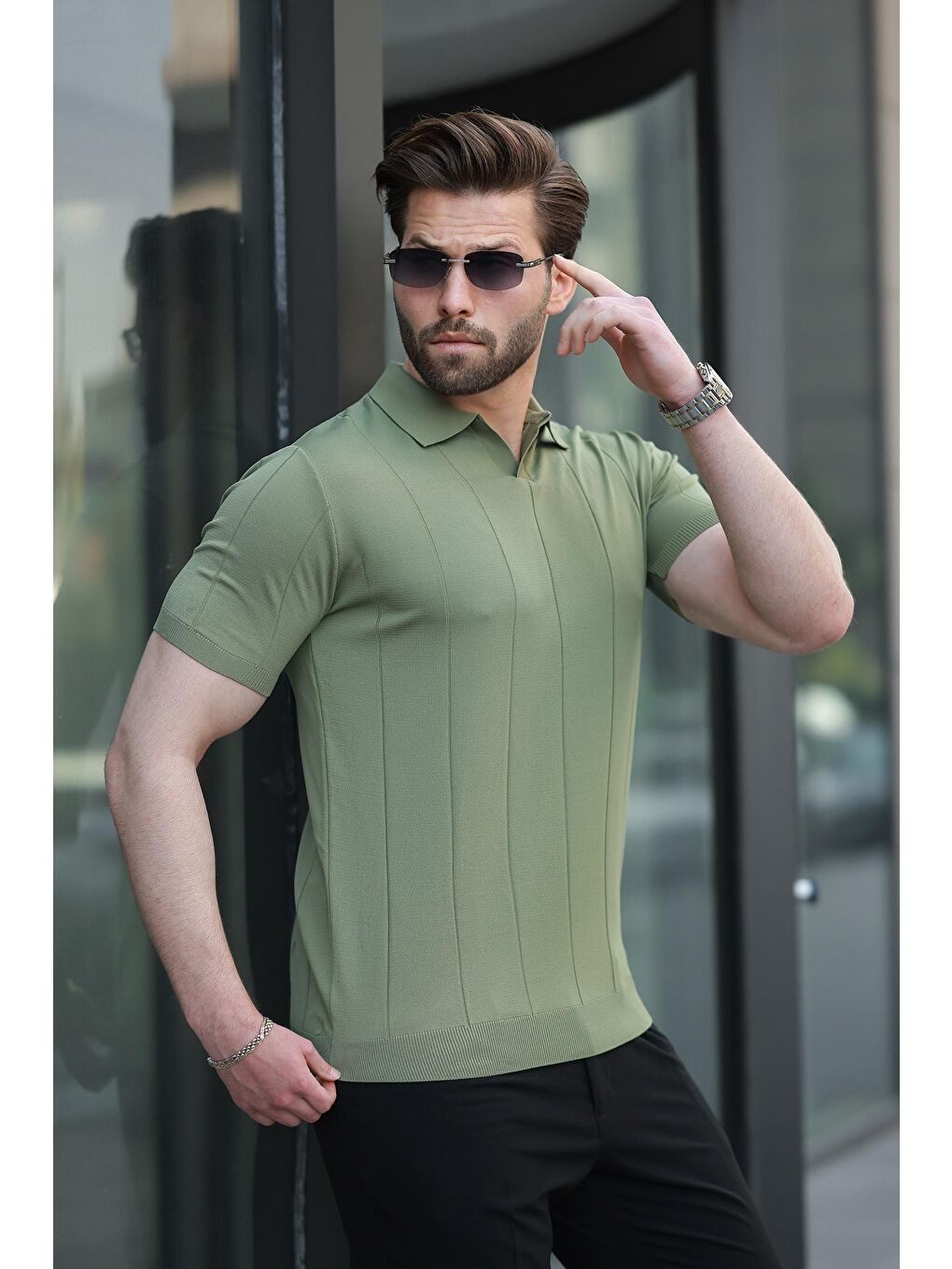 Haki Polo Yaka Triko Erkek Tişört E7417-1