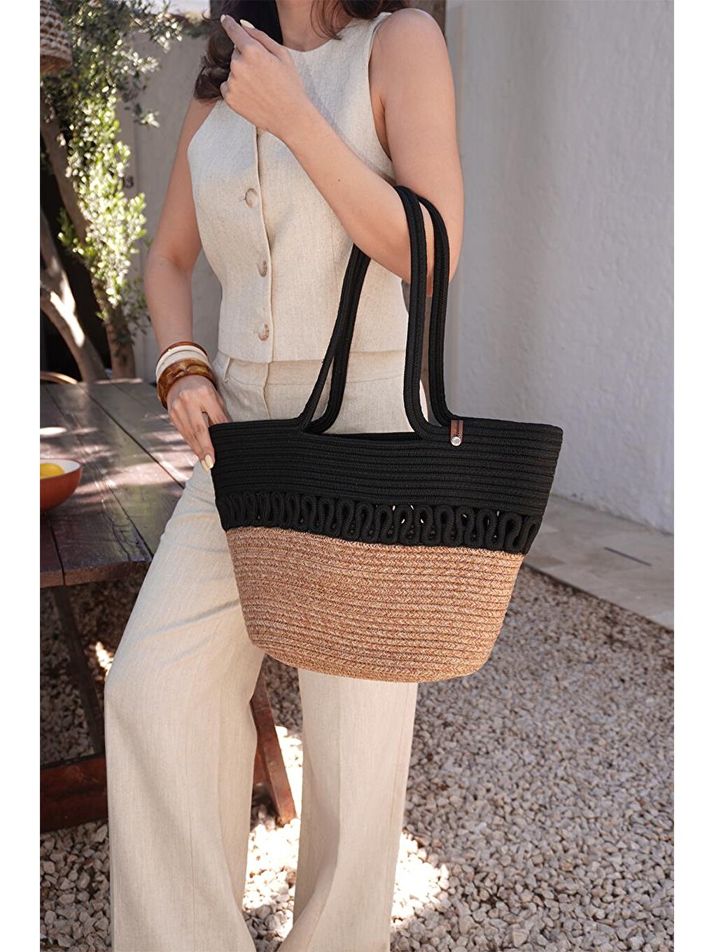 Miami Handmade Hasır Omuz Çantası Siyah-5