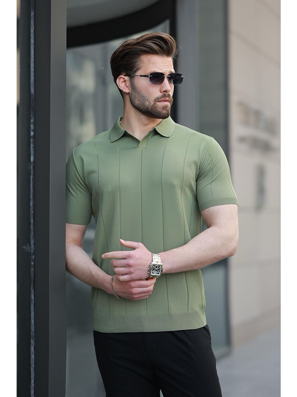 Haki Polo Yaka Triko Erkek Tişört E7417-2