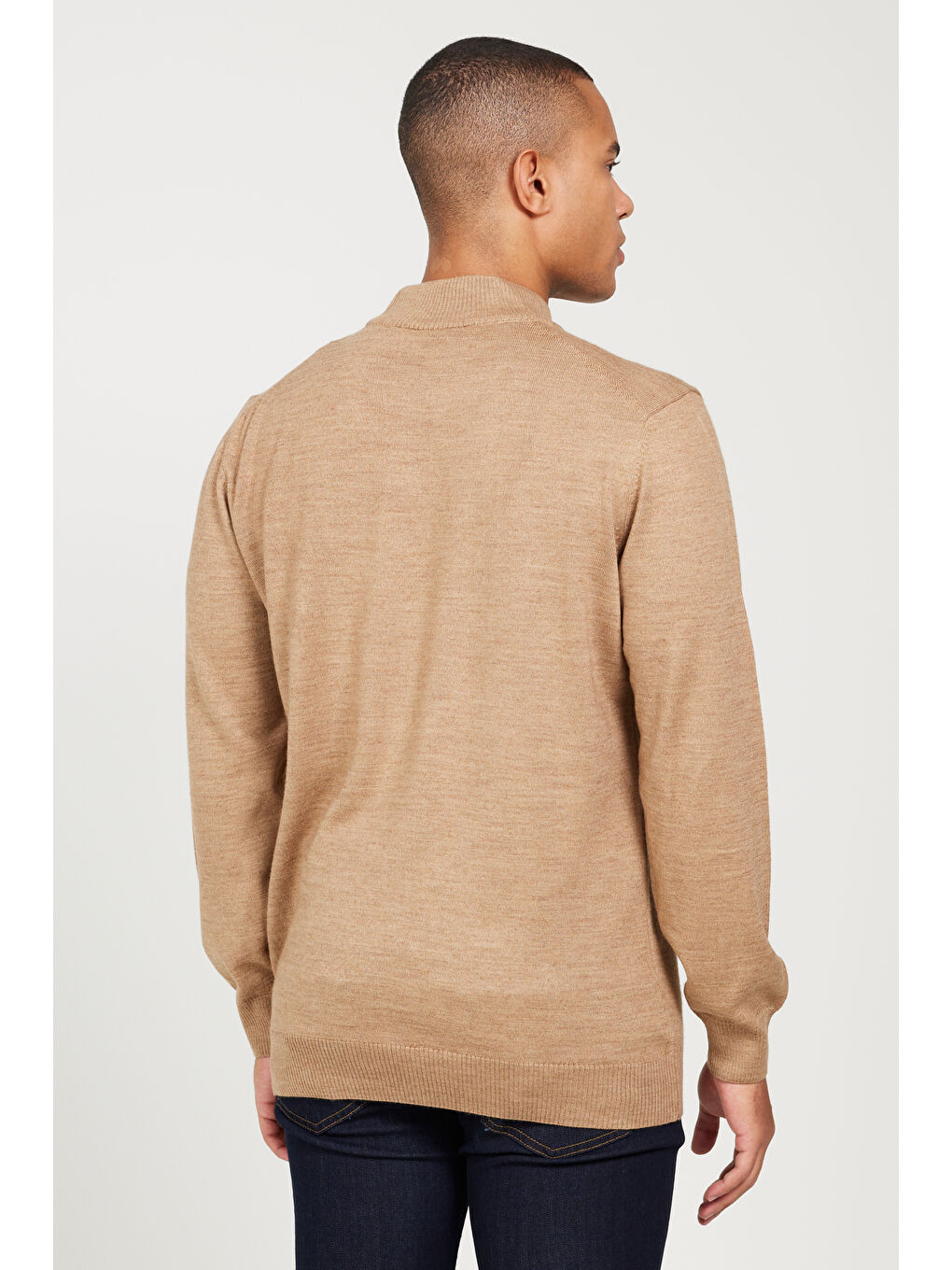 Bej Erkek Vizon Standart Fit Normal Kesim Yarım Balıkçı Yaka Triko Kazak-6