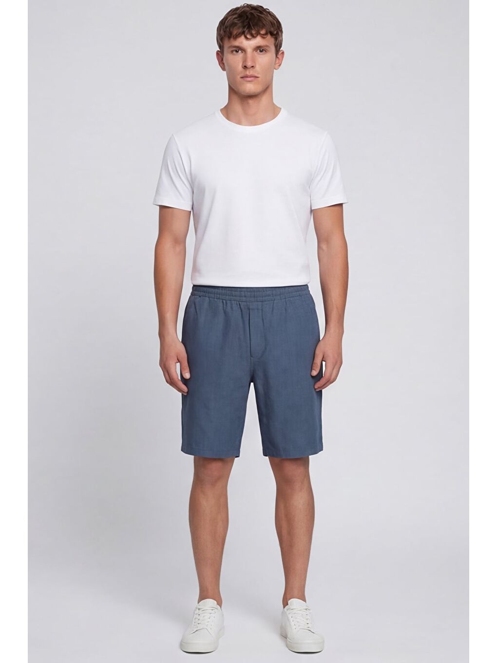 Erkek Lacivert Normal Kesim Regular Fit %100 Keten Lastikli Bel Bermuda Şort-1