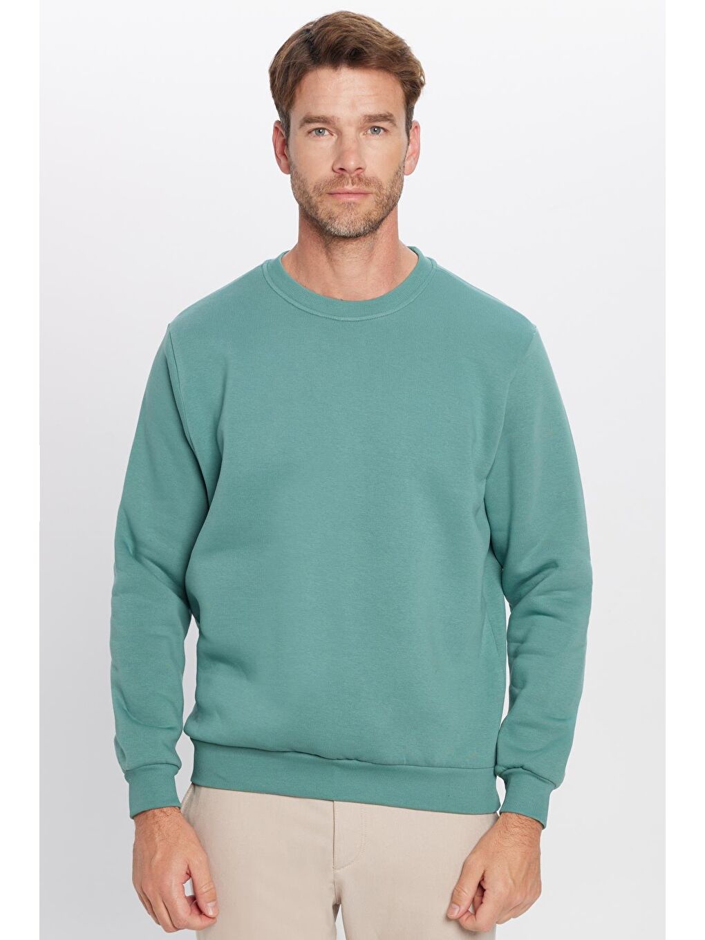 UnisexRelax Fit Rahat Kesim Pamuklu Yumuşak Dokulu İçi Polarlı Basic Petrol Bisiklet Yaka Sweatshirt-3