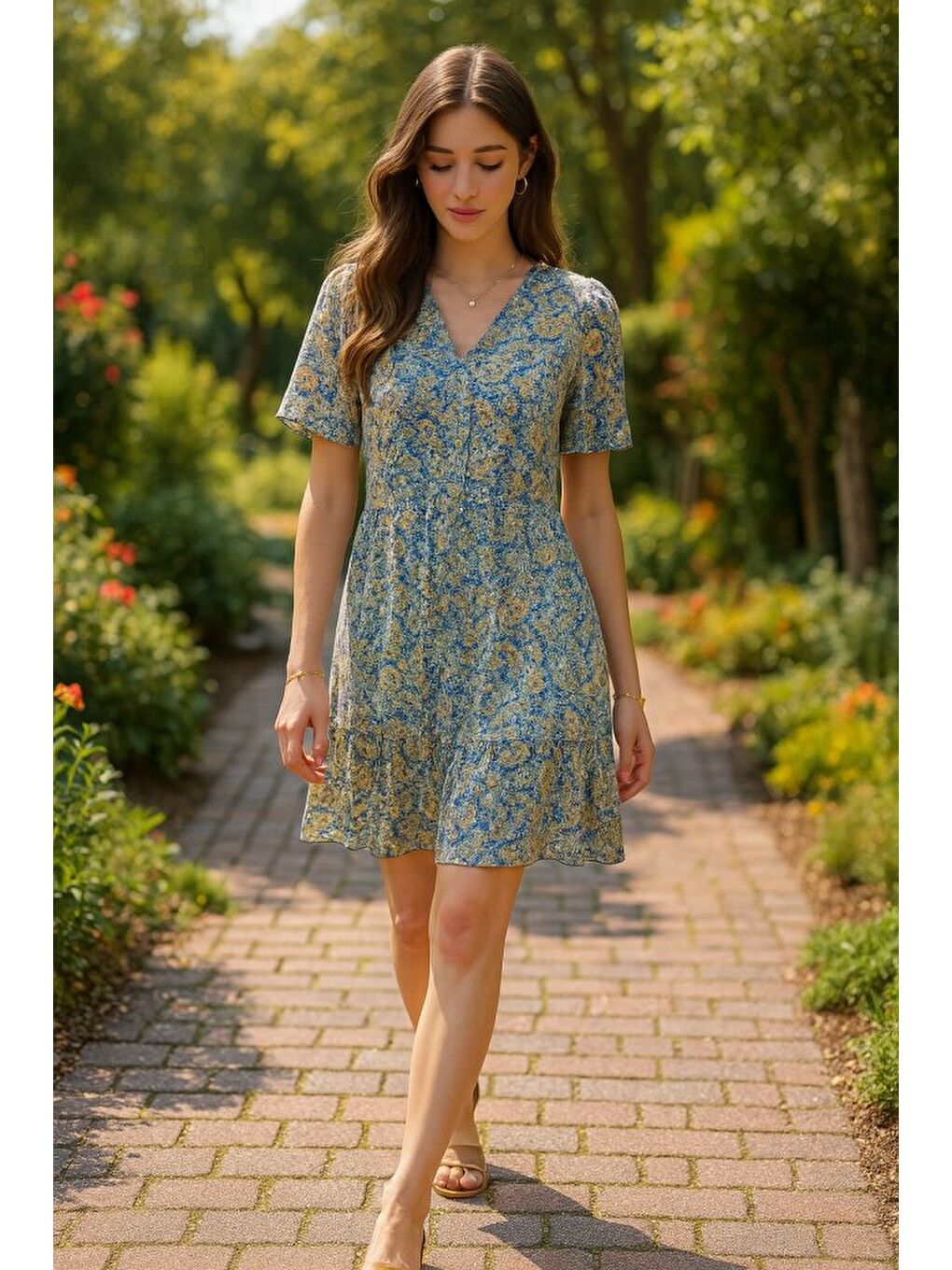 Yeşil Desenli Saten Elbise