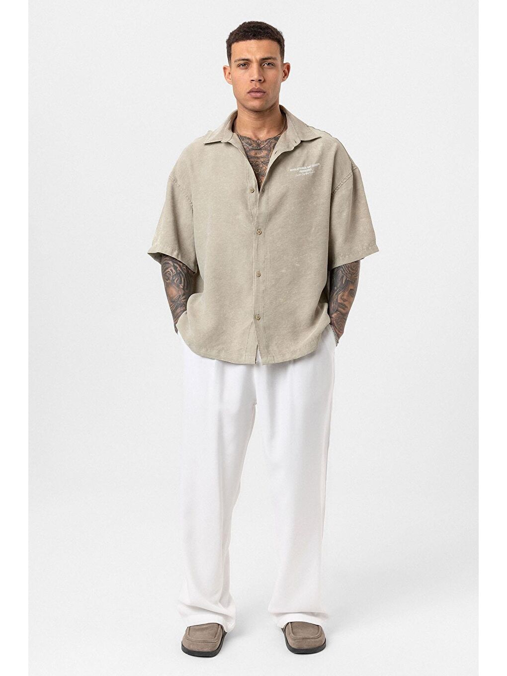 Yıkamalı Oversize Kısa Kol Baskılı Gömlek Haki