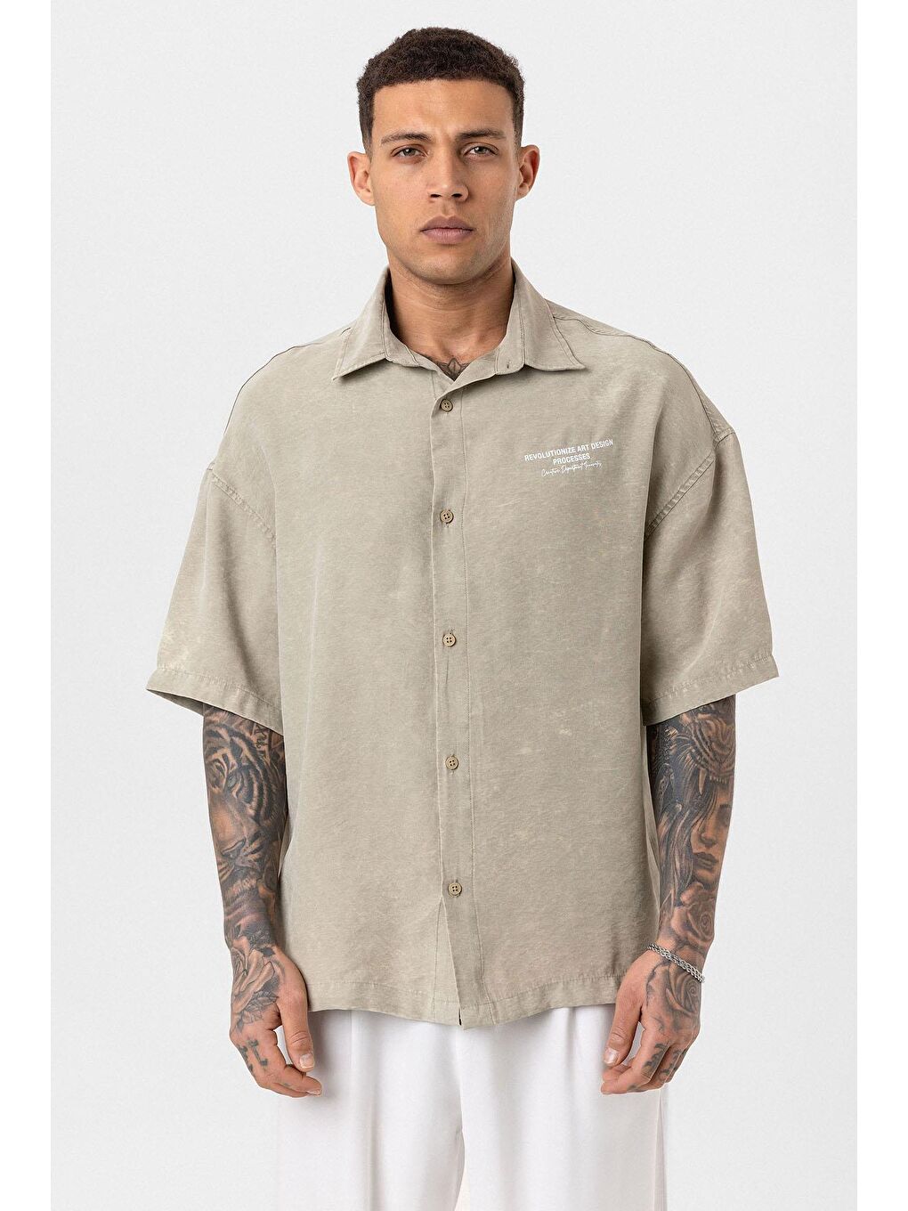 Yıkamalı Oversize Kısa Kol Baskılı Gömlek Haki-2