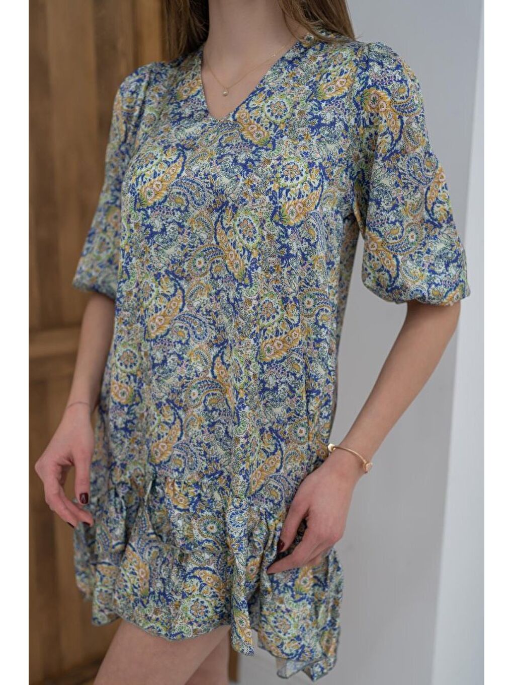 Yeşil Desenli Saten Elbise-1