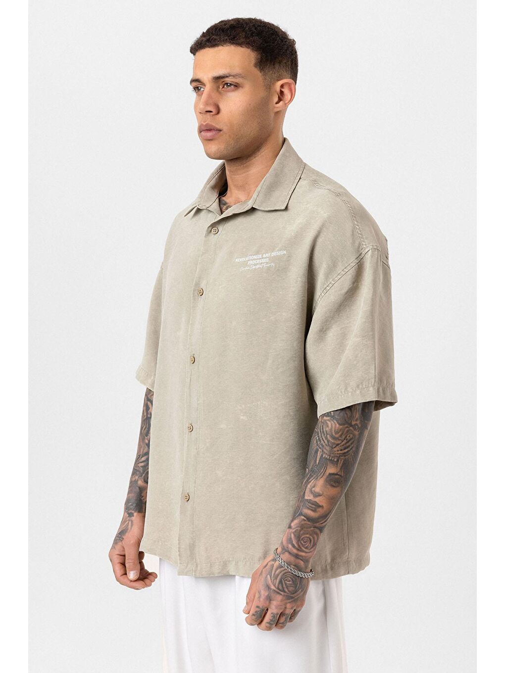 Yıkamalı Oversize Kısa Kol Baskılı Gömlek Haki-3