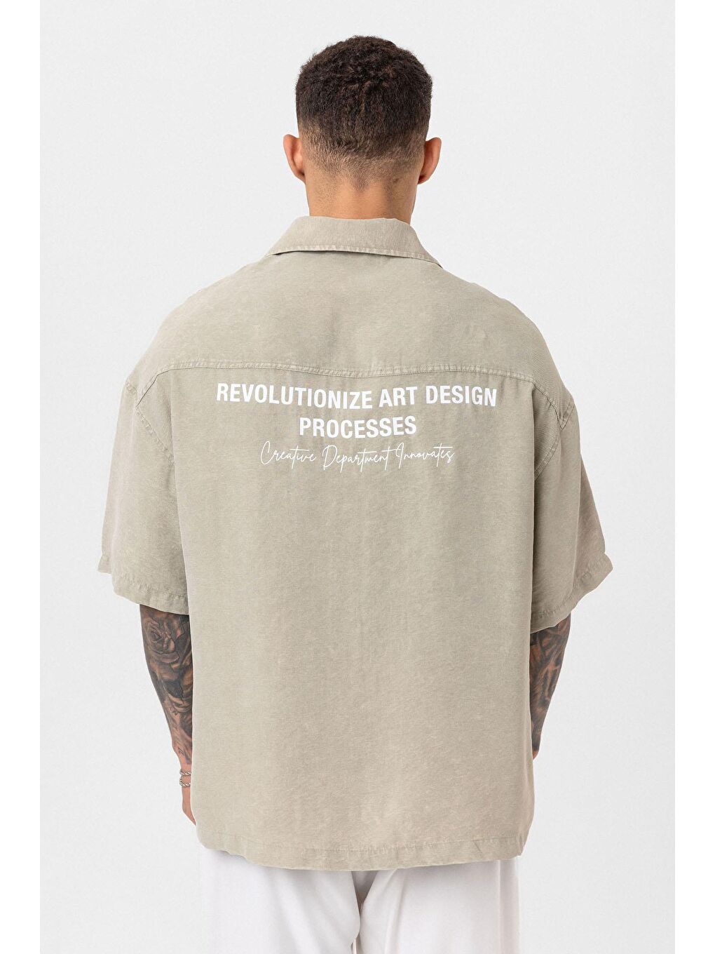 Yıkamalı Oversize Kısa Kol Baskılı Gömlek Haki-4