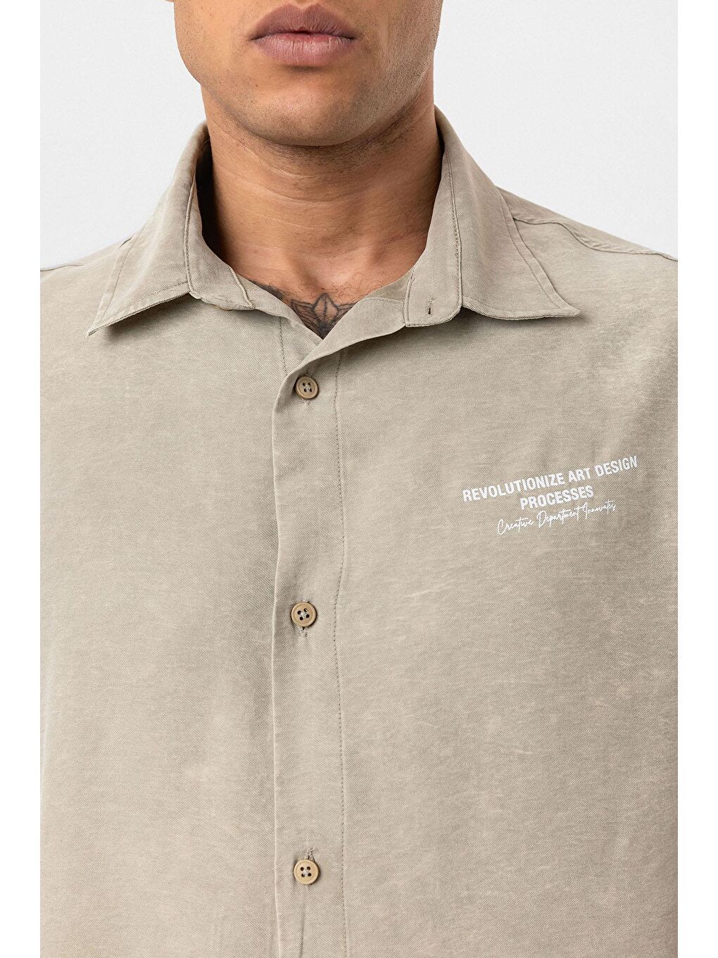 Yıkamalı Oversize Kısa Kol Baskılı Gömlek Haki-5