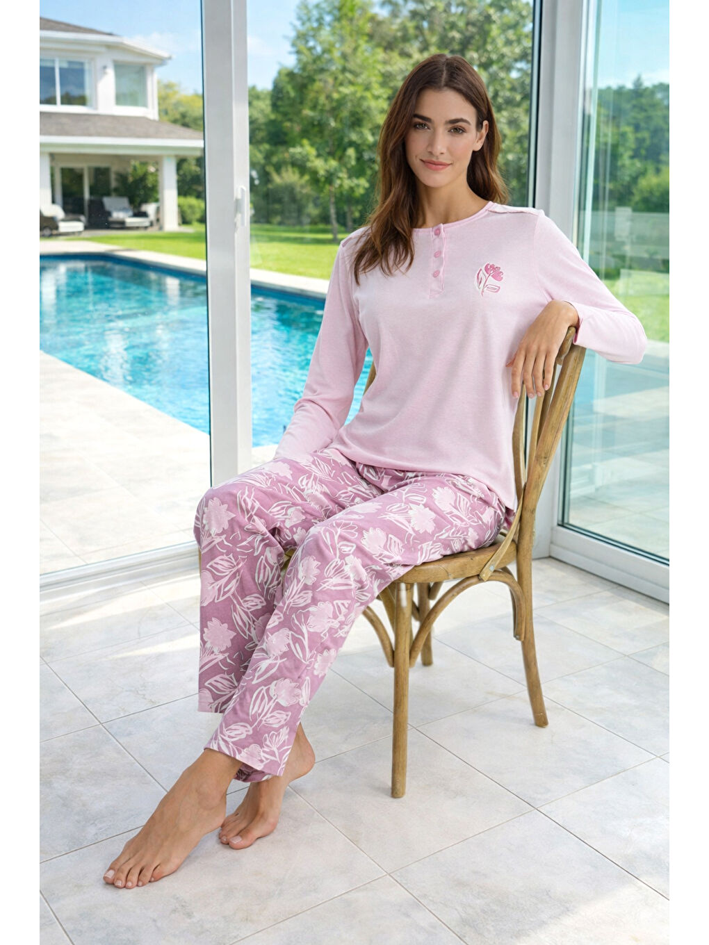 Kadın Modal Kumaş Uzun Kol Pijama Takımı 3306 Pembe-1