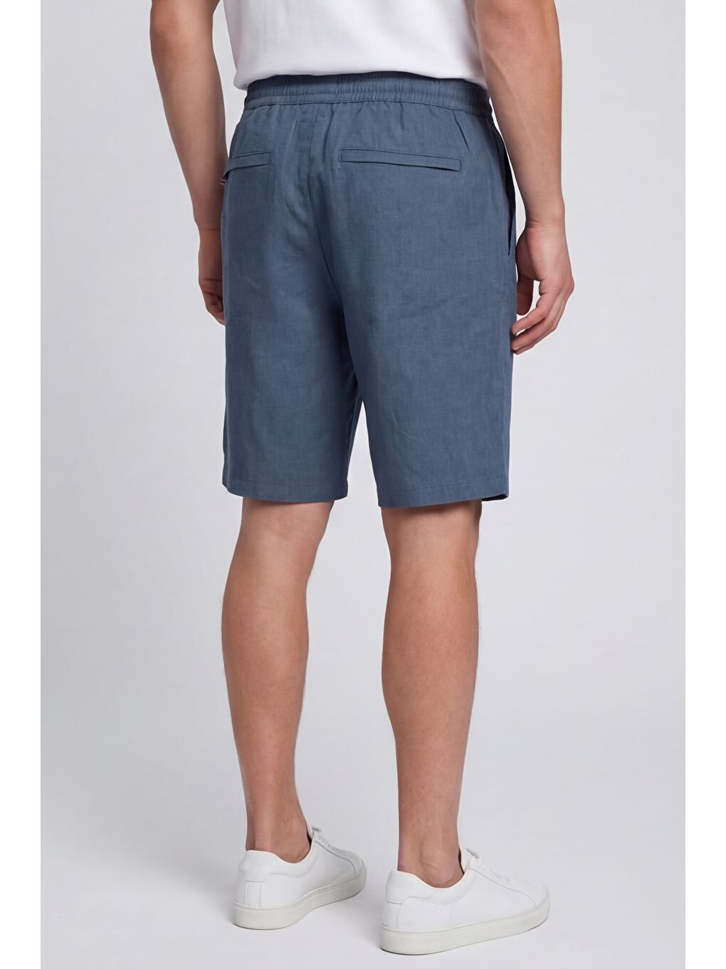 Erkek Lacivert Normal Kesim Regular Fit %100 Keten Lastikli Bel Bermuda Şort-3