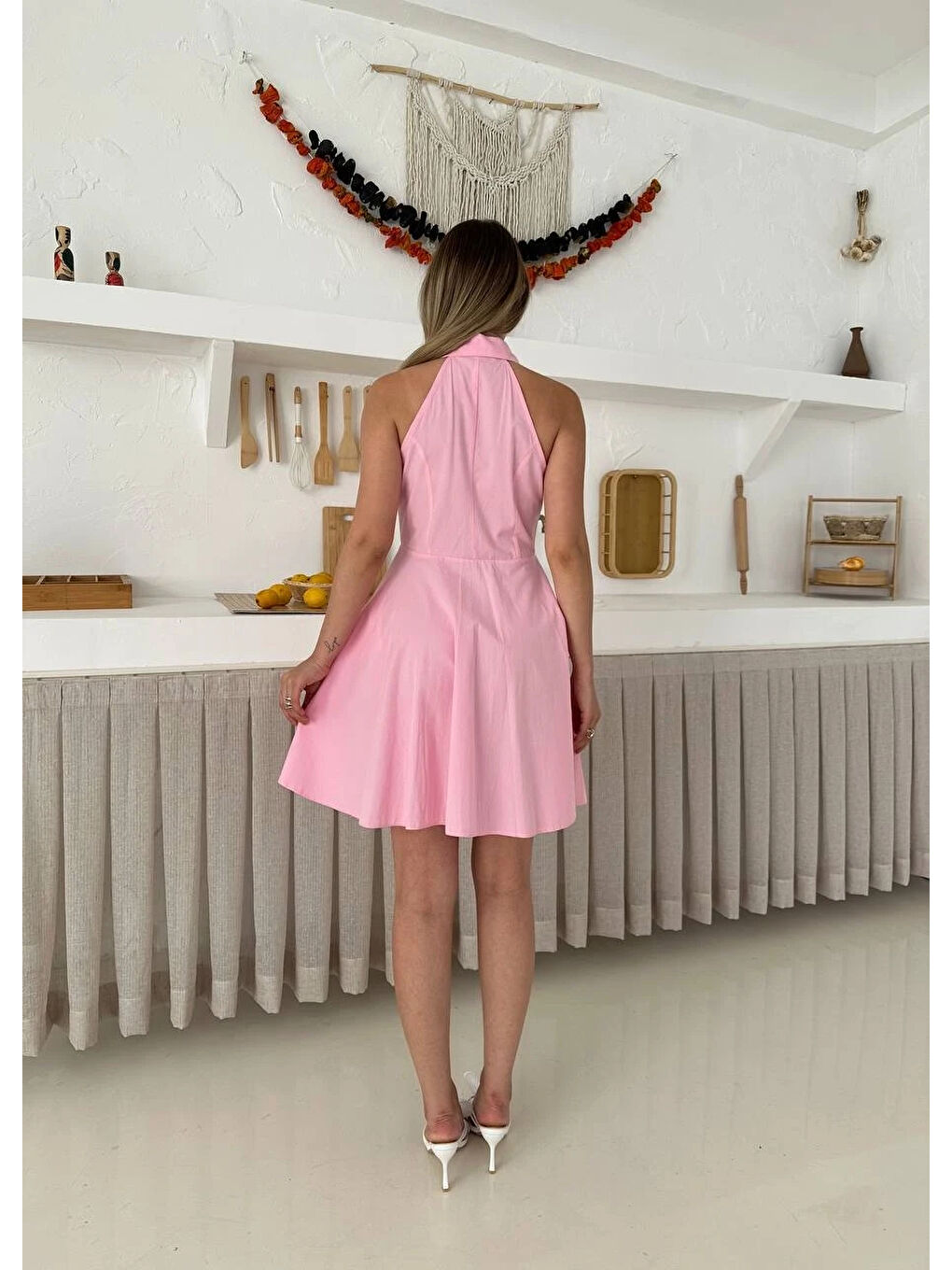 Önden Düğmeli Tasarım Elbise Pembe-3