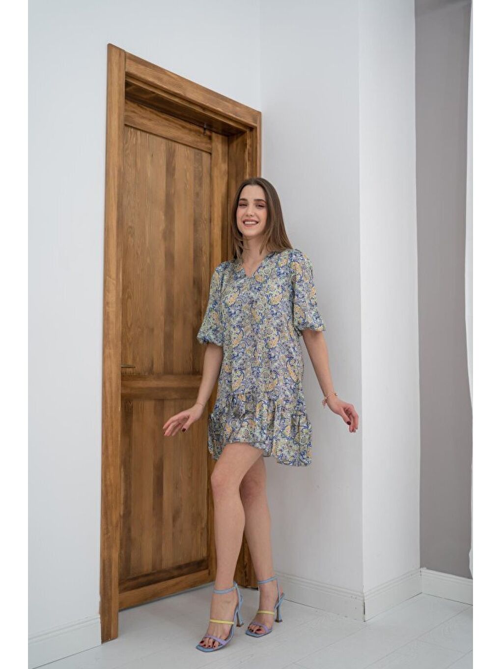 Yeşil Desenli Saten Elbise-3