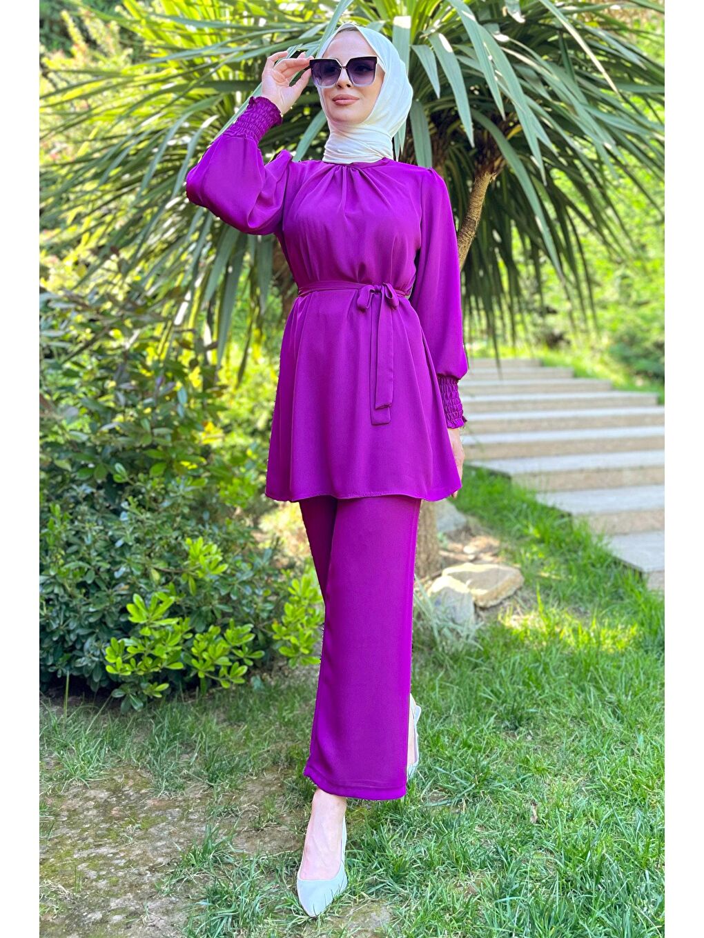 Hakim Yaka Kadın Mor Tunik+Pantolon - 13019-1