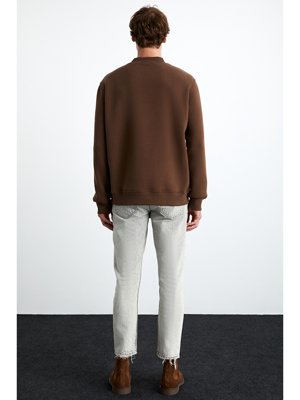 Kahverengi Chasey Erkek Organik Pamuklu Dik Yaka Baskılı Acı Kahve Sweatshirt-6