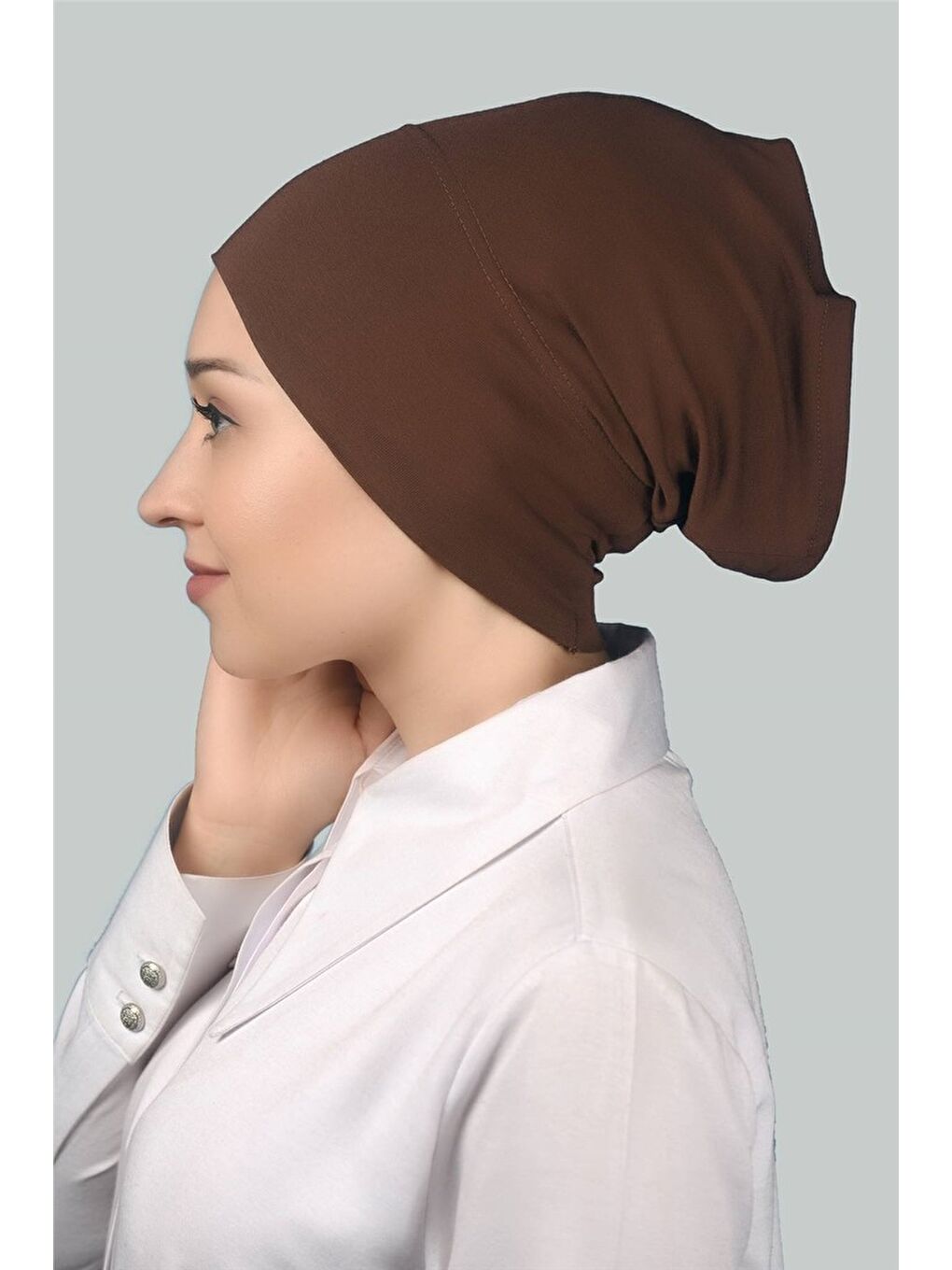 Kahverengi Hazır Pratik Geçmeli Uzun Boru Tesettür Bonesi-2