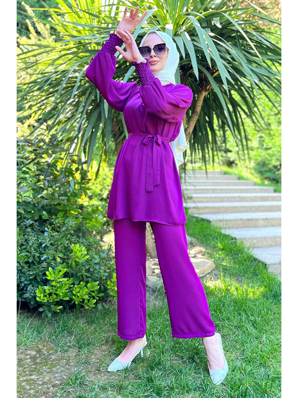 Hakim Yaka Kadın Mor Tunik+Pantolon - 13019-4